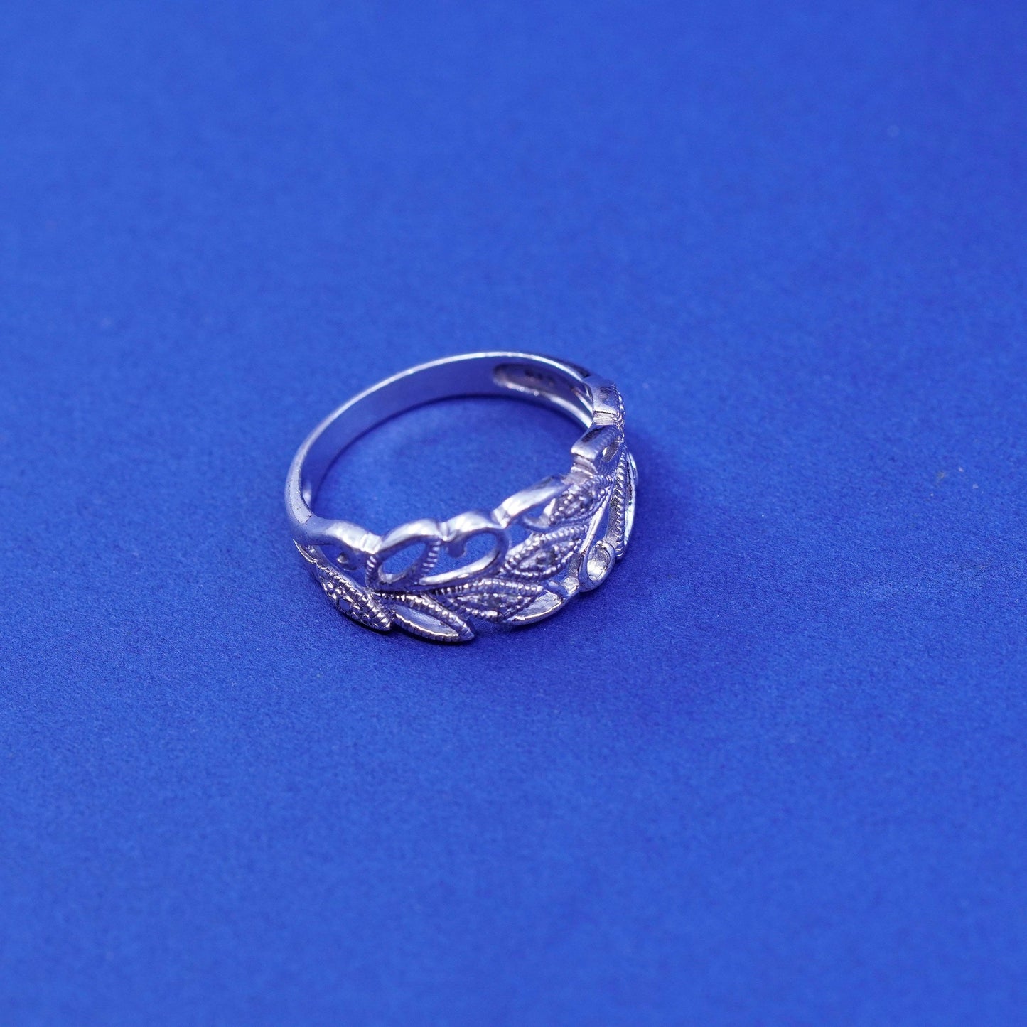 Size 9.5, vintage RJ Sterling silver handmade ring, 925 leafy band with diamond
