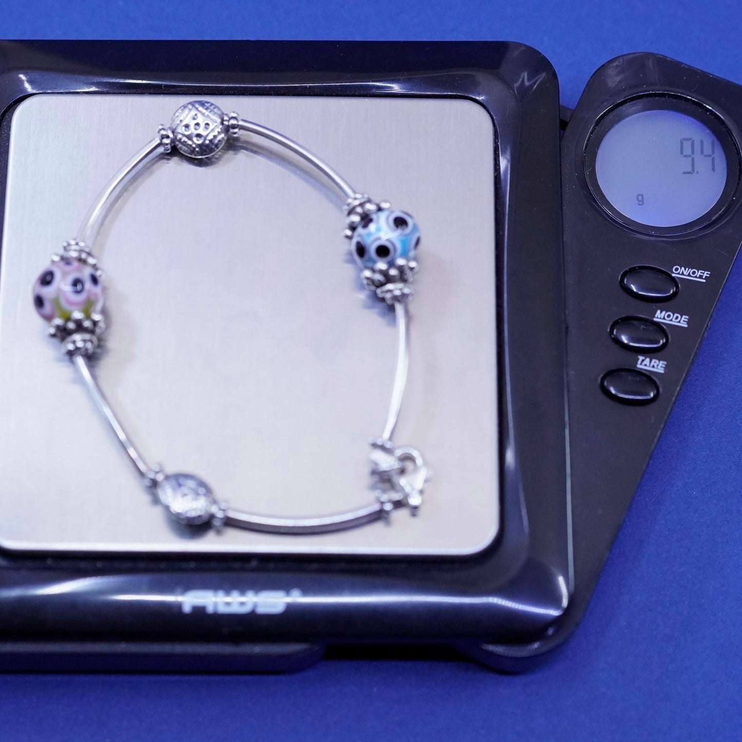6.75”, vintage Sterling silver handmade bracelet, 925 bar tube w/ crystal beads