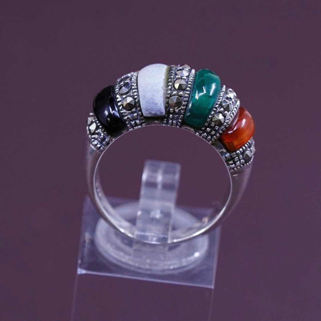 sz 8, Sterling 925 silver handmade ring w/ jade Obsidian Carnelian N Marcasite