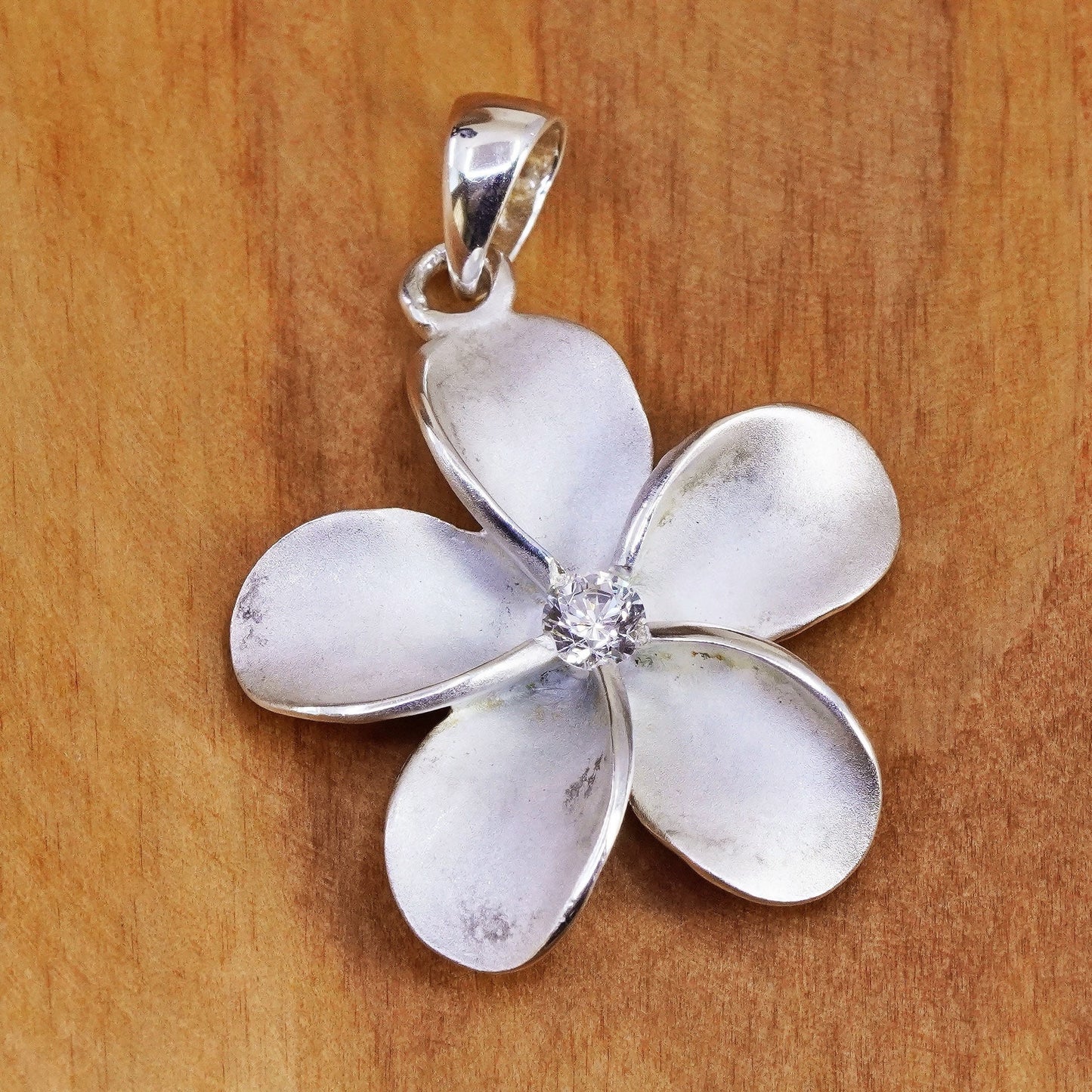 Vintage Sterling 925 silver handmade plumeria flower pendant with cz