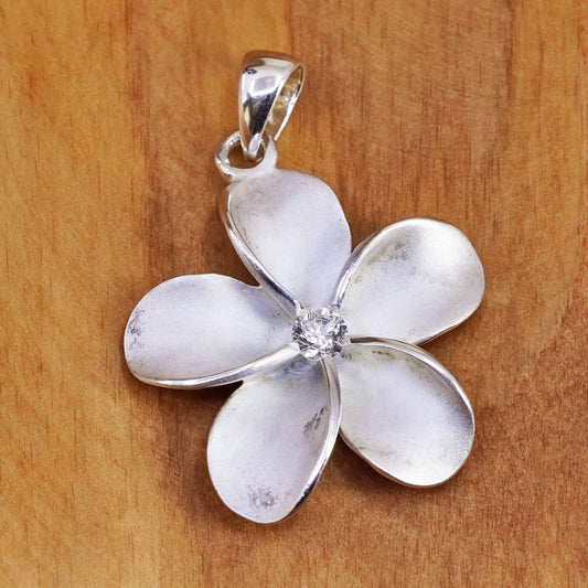 Vintage Sterling 925 silver handmade plumeria flower pendant with cz