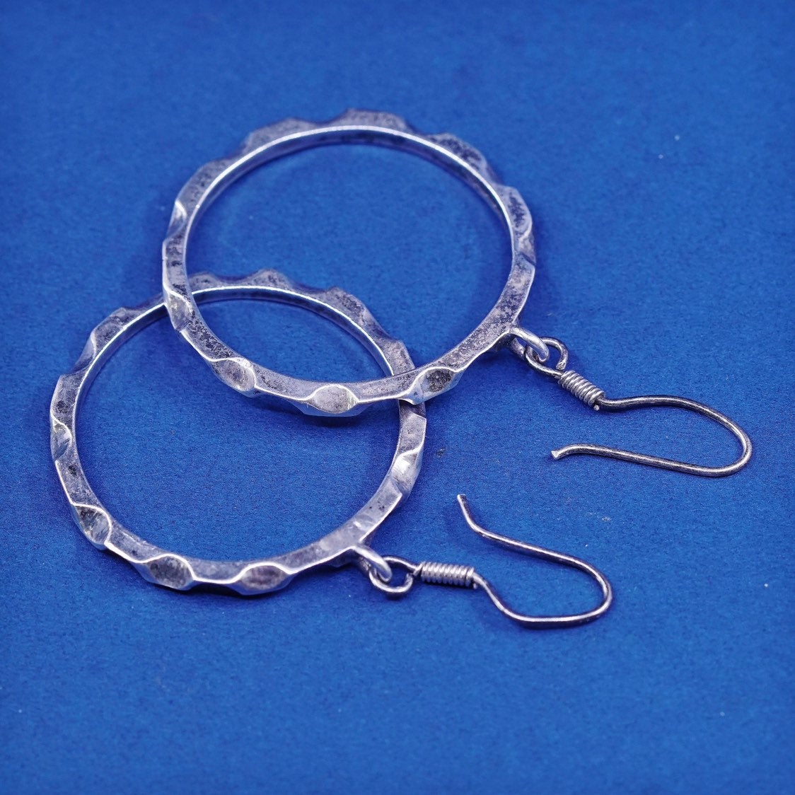 1.25”, vtg Sterling silver handmade earrings, mexico 925 gear hoops