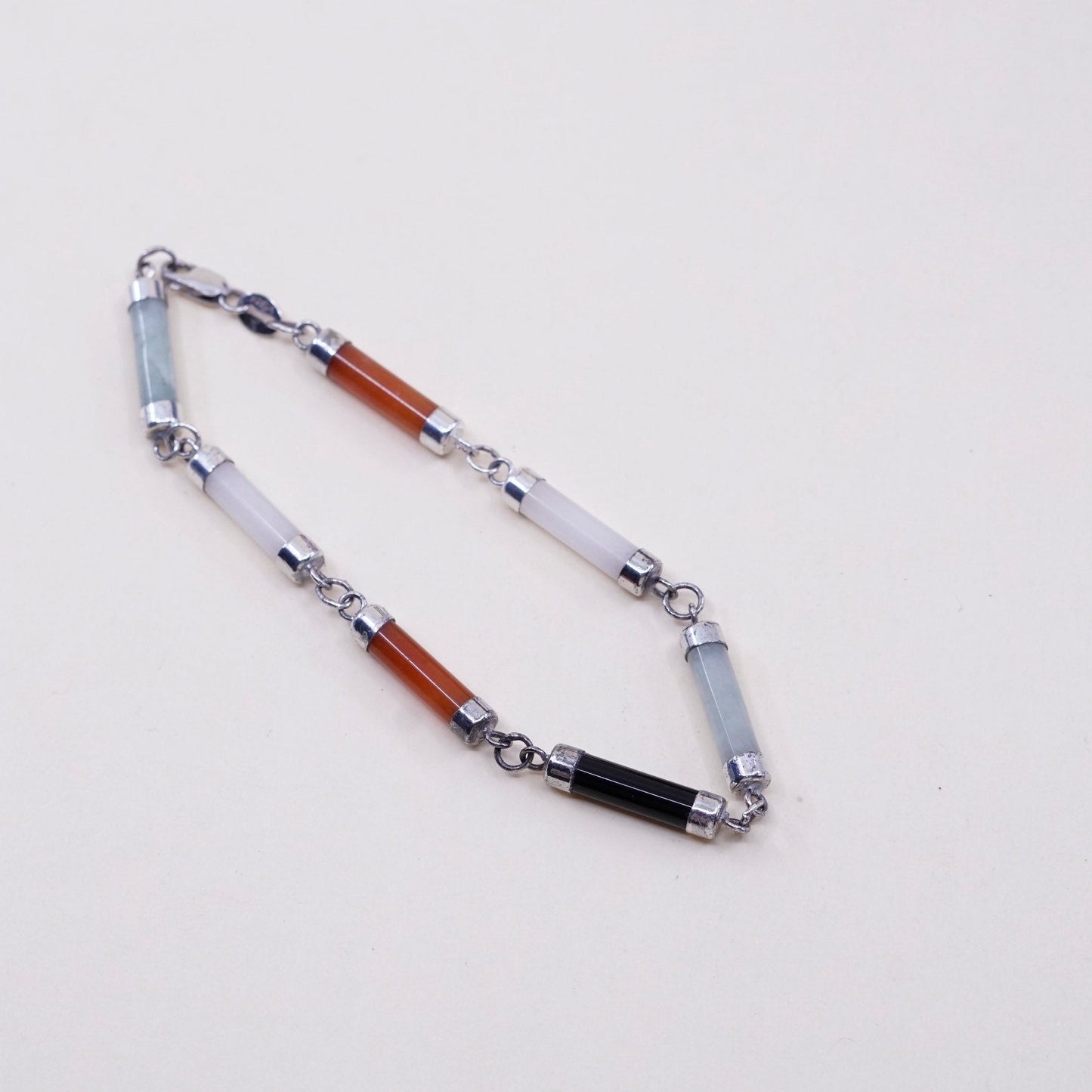 7”, vtg sterling 925 silver handmade bracelet w/ jade, carnelian, obsidian bar