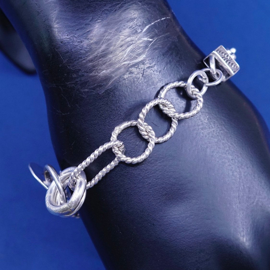 6.75”, vtg Sterling silver handmade bracelet, 925 twisted cable, circle chain