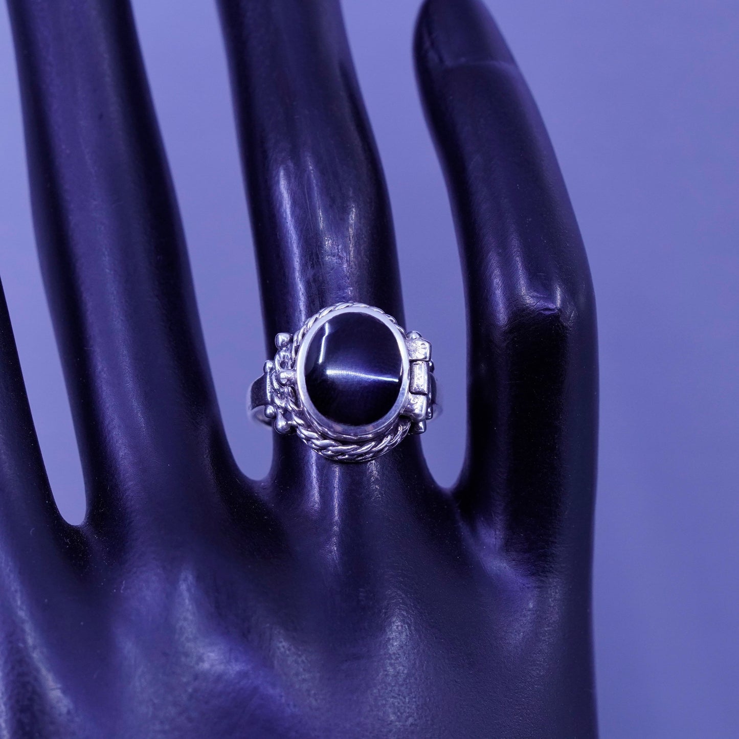 Size 7, vintage Sterling 925 silver handmade prayer locket ring with obsidian