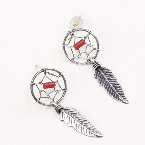 Vtg Southwestern Sterling 925 Silver Handmade Net Earrings W/ Coral N Feather