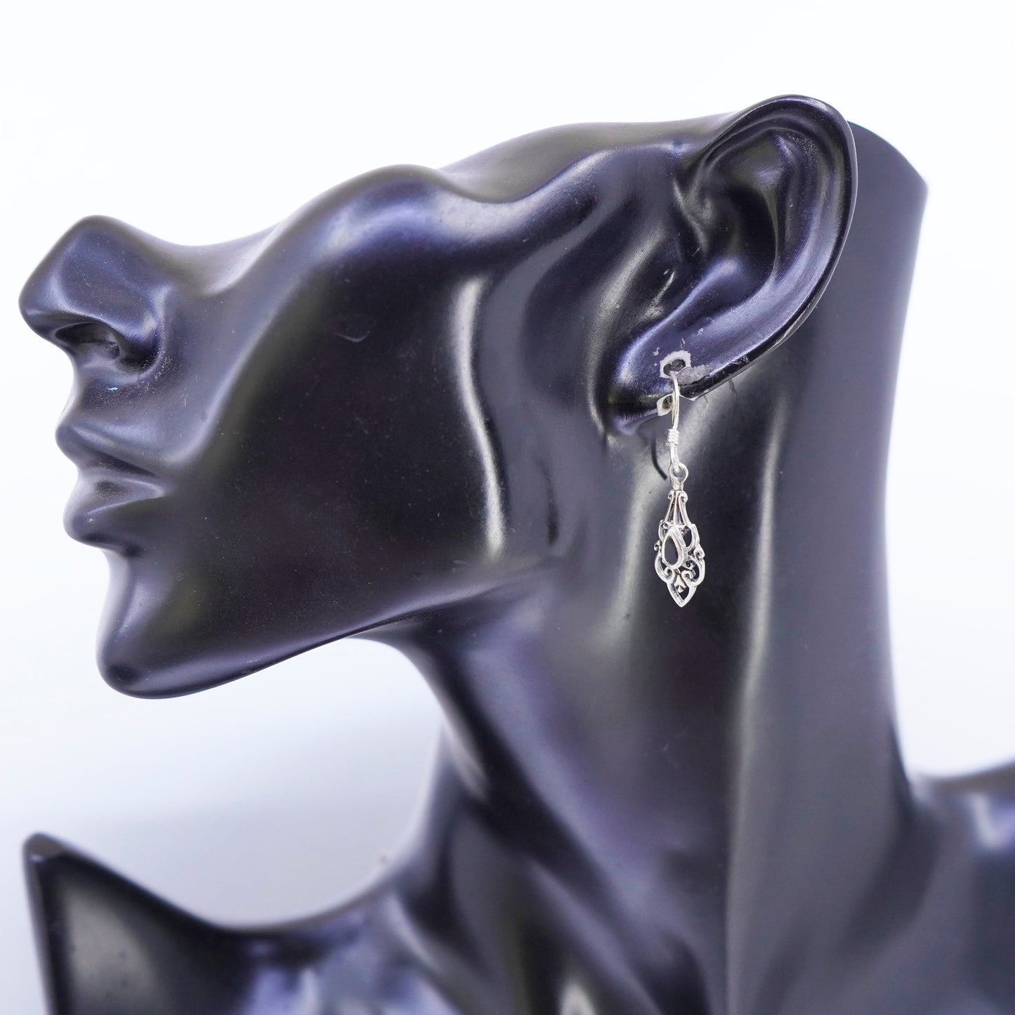 Mexico Sterling 925 silver handmade filigree teardrop earrings with black onyx