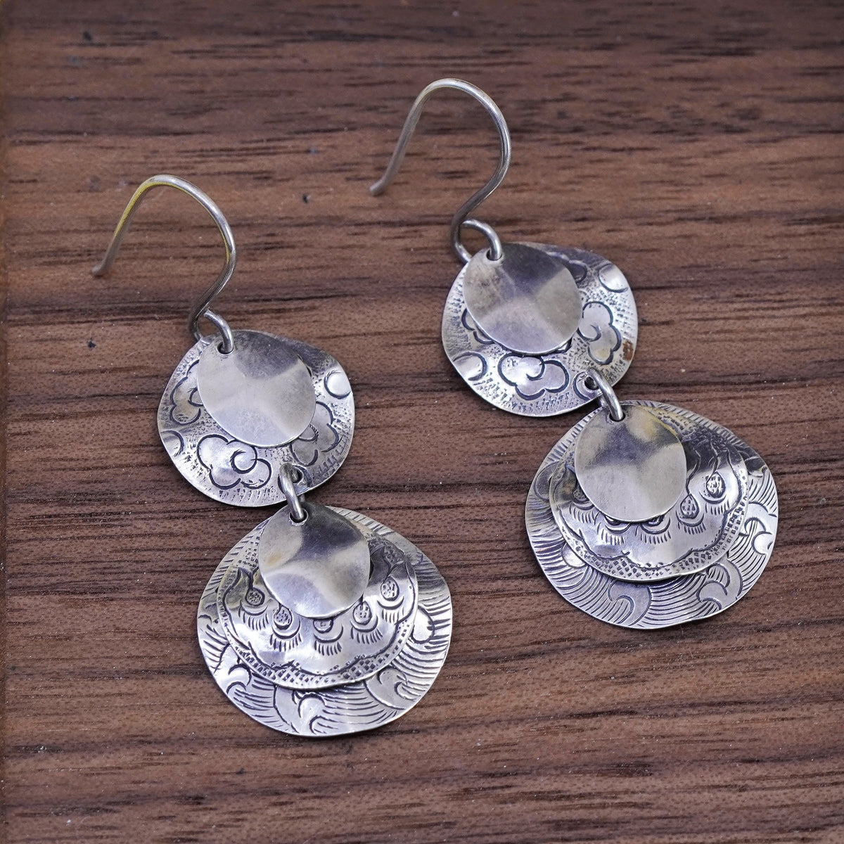 Rare Sterling silver handmade earrings, 925 Tri Textured round textured discs
