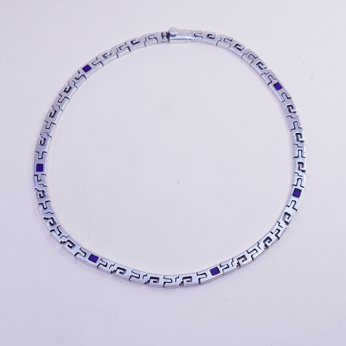17”, vintage Mexico sterling silver necklace, men 925 S link chain blue enamel