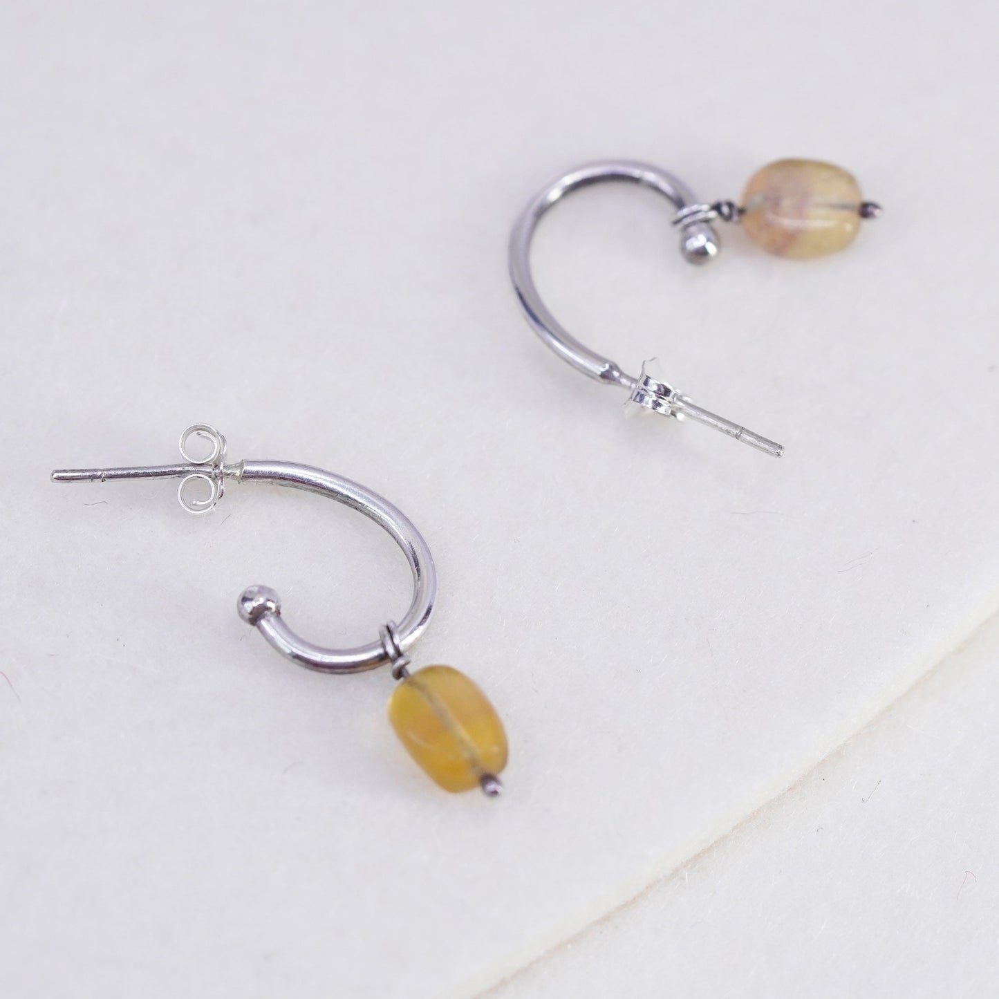0.75”, vintage Sterling silver handmade earrings, 925 hoops w/ citrine dangles