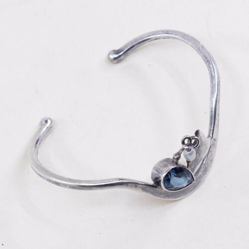 6”, Vtg Sam Sonly sterling 925 Silver cuff Bracelet W/ Pearl N Teardrop Topaz