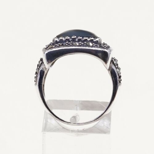 Sz 7.75, Vtg Handmade Sterling 925 Silver Cocktail Ring W/ Turquoise N Marcasite