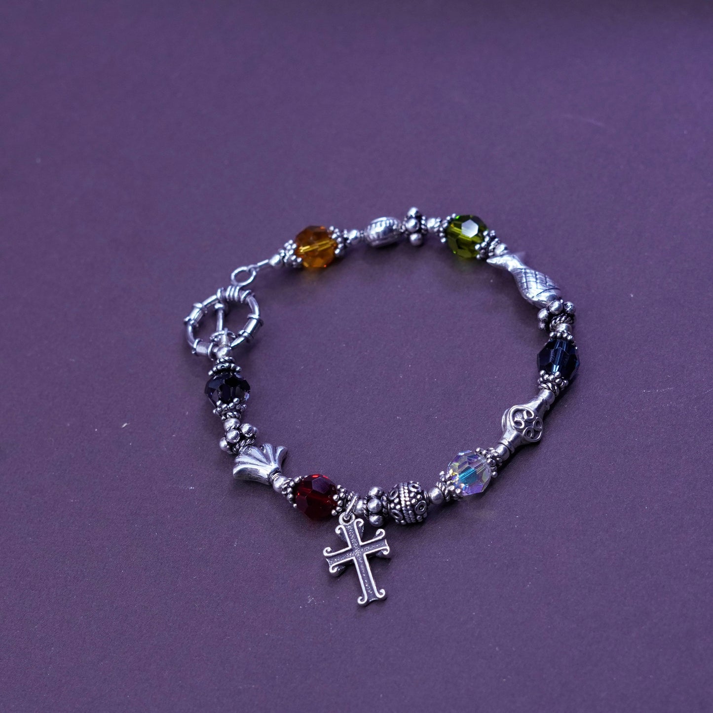 6.75”, Sterling silver beads bracelet, 925 beads w/ crystal N cross fish charms