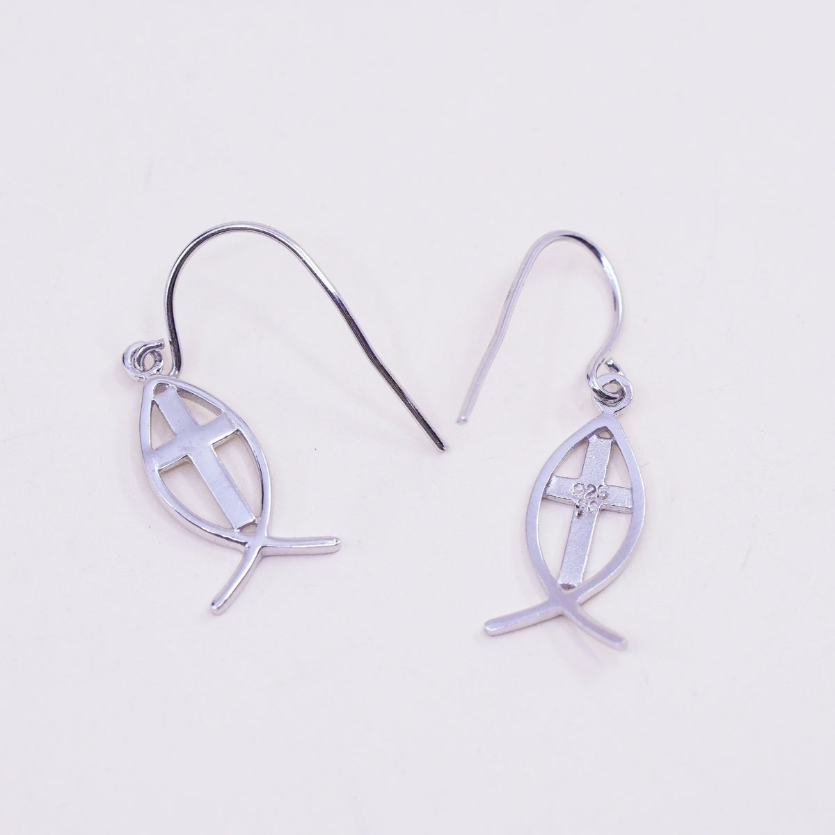 Vintage sterling silver handmade modern earrings, 925 fish with cross