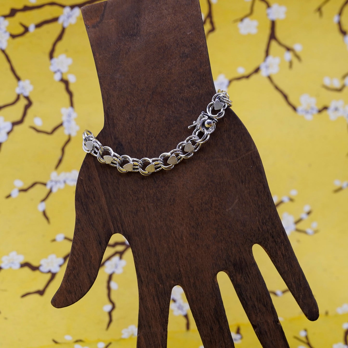 6.5”, vtg Sterling silver handmade double curb bracelet, 925 charm heart chain
