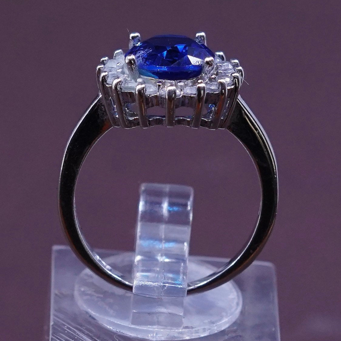 sz 6.25, vtg sterling silver handmade ring, 925 w/ crystal N sapphire details