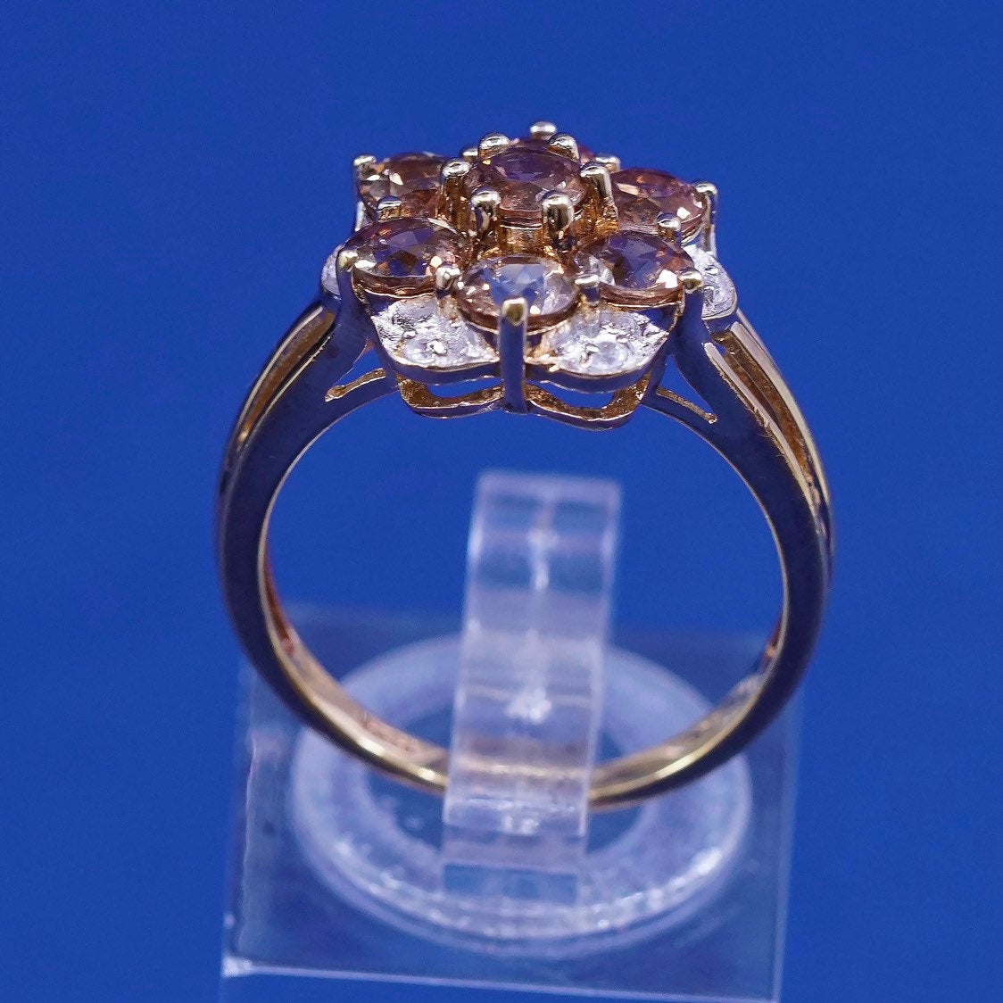 sz 7.25, vermeil gold sterling silver ring, 925 w/ orange topaz flower diamond