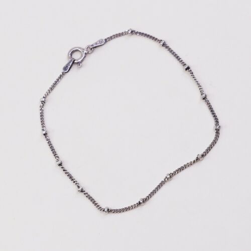 7.25”, 1mm, Vtg Sterling Silver bracelet, Italy Curb chain W/ Beads, Stamped 925