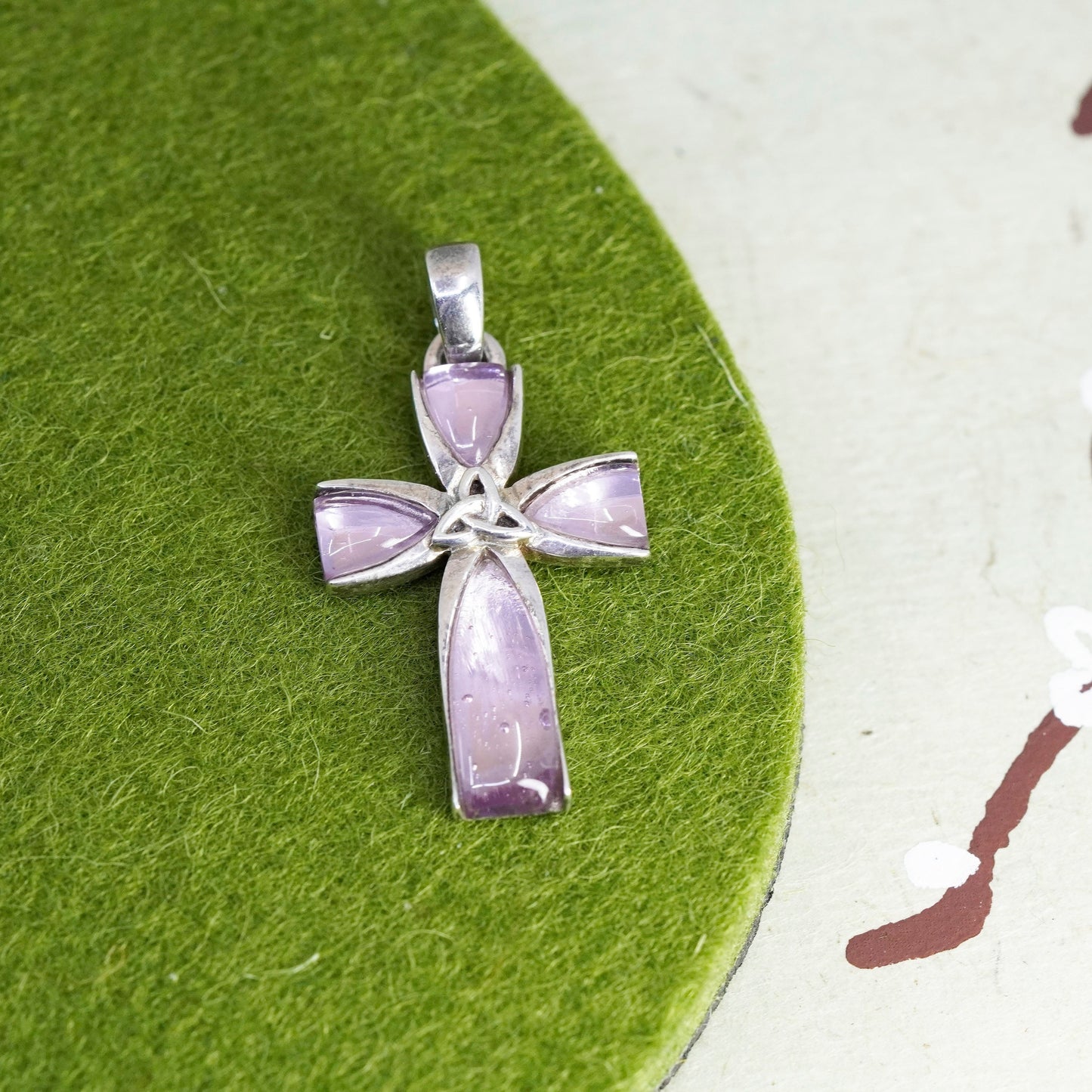 Solvar sterling silver handmade pendant, 925 Irish Celtic cross w/ pink crystal