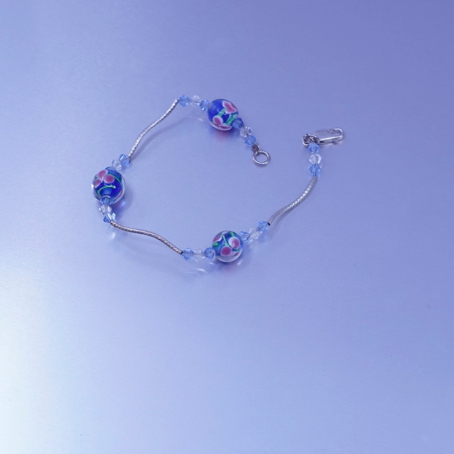 7.25”, jewelry | Sterling 925 silver bracelet, wavy chain floral glass charms