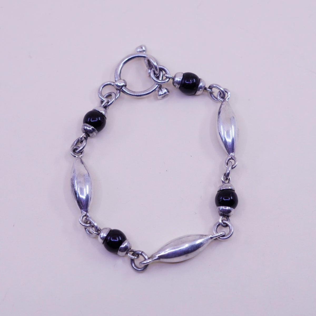 7”, Vintage Mexico Sterling 925 silver marquise shaped bracelet obsidian beads