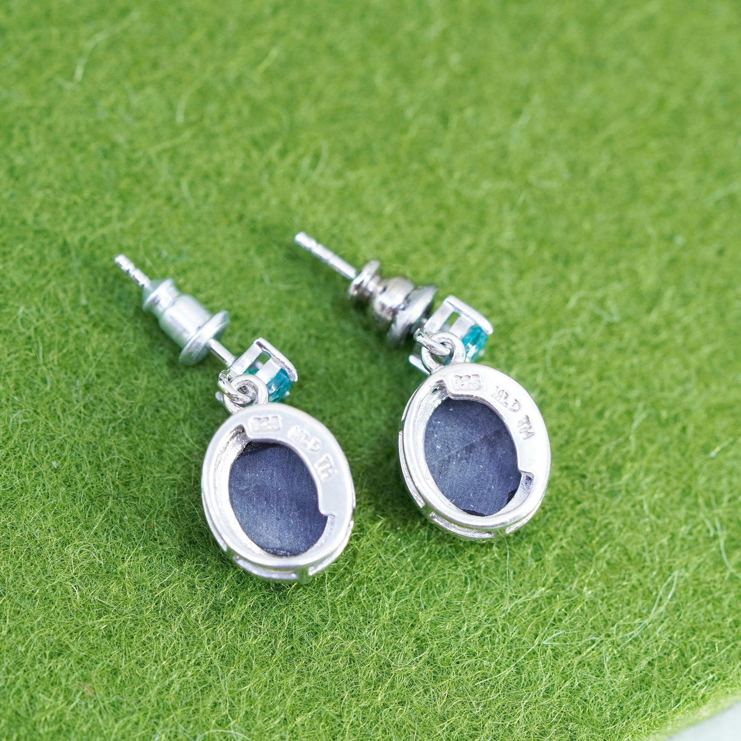 Vintage Sterling silver handmade earrings, oval dangles with opal and topaz