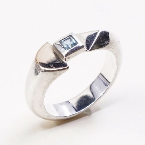 Sz 7.5, Vtg ECL Modern Sterling Silver Cocktail Ring, 925 W/ Blue topaz
