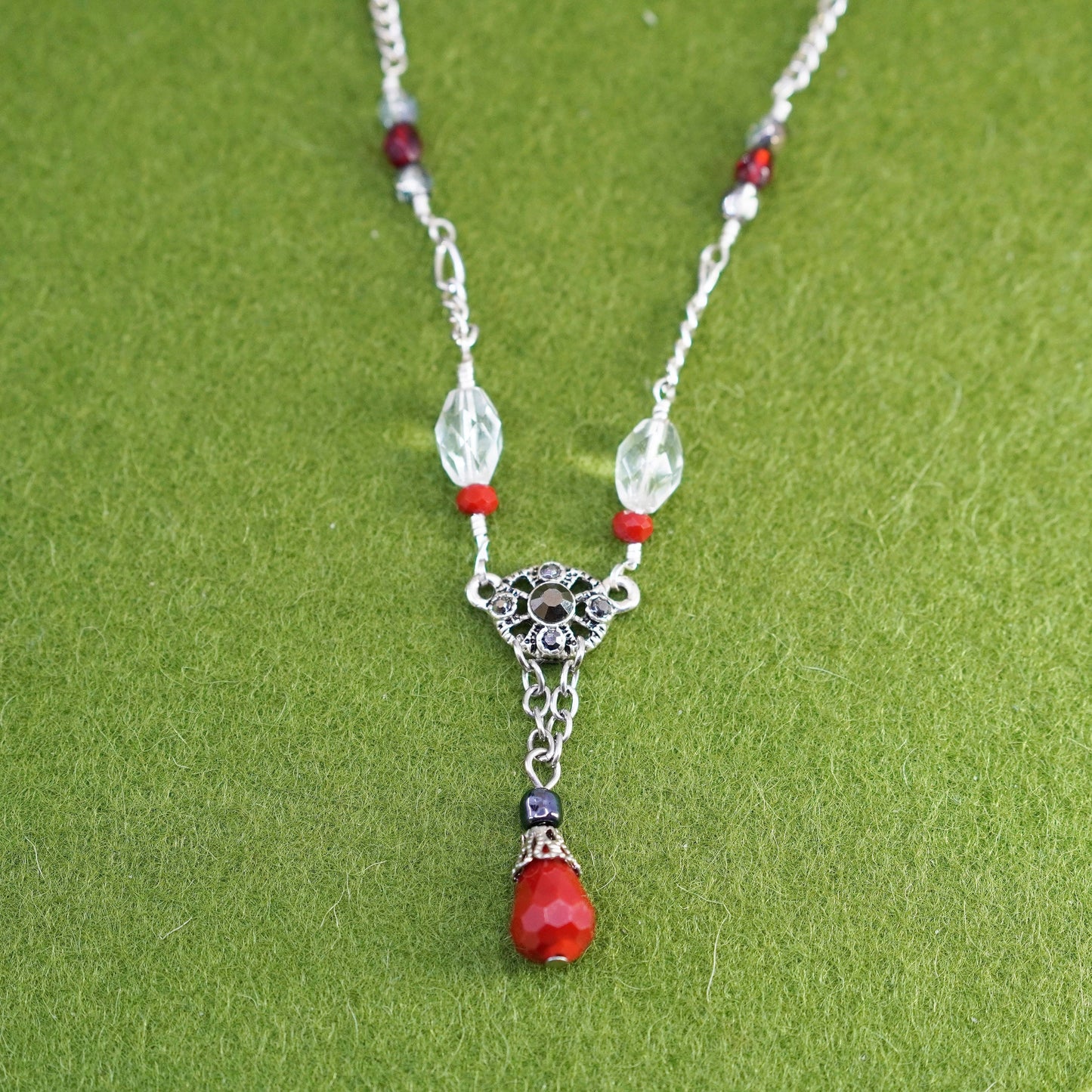 18”, sterling silver necklace, 925 figaro chain red teardrop glass pendant