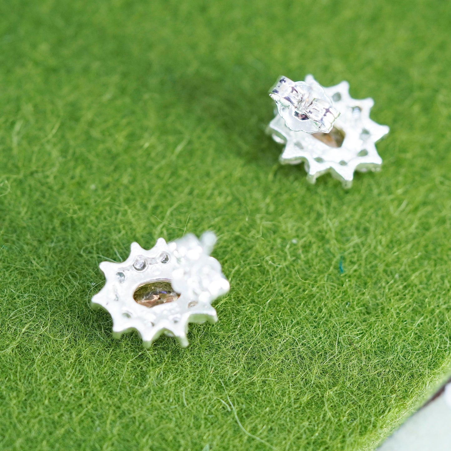 Vintage sterling silver studs earrings with citrine and cz, fashion earrings