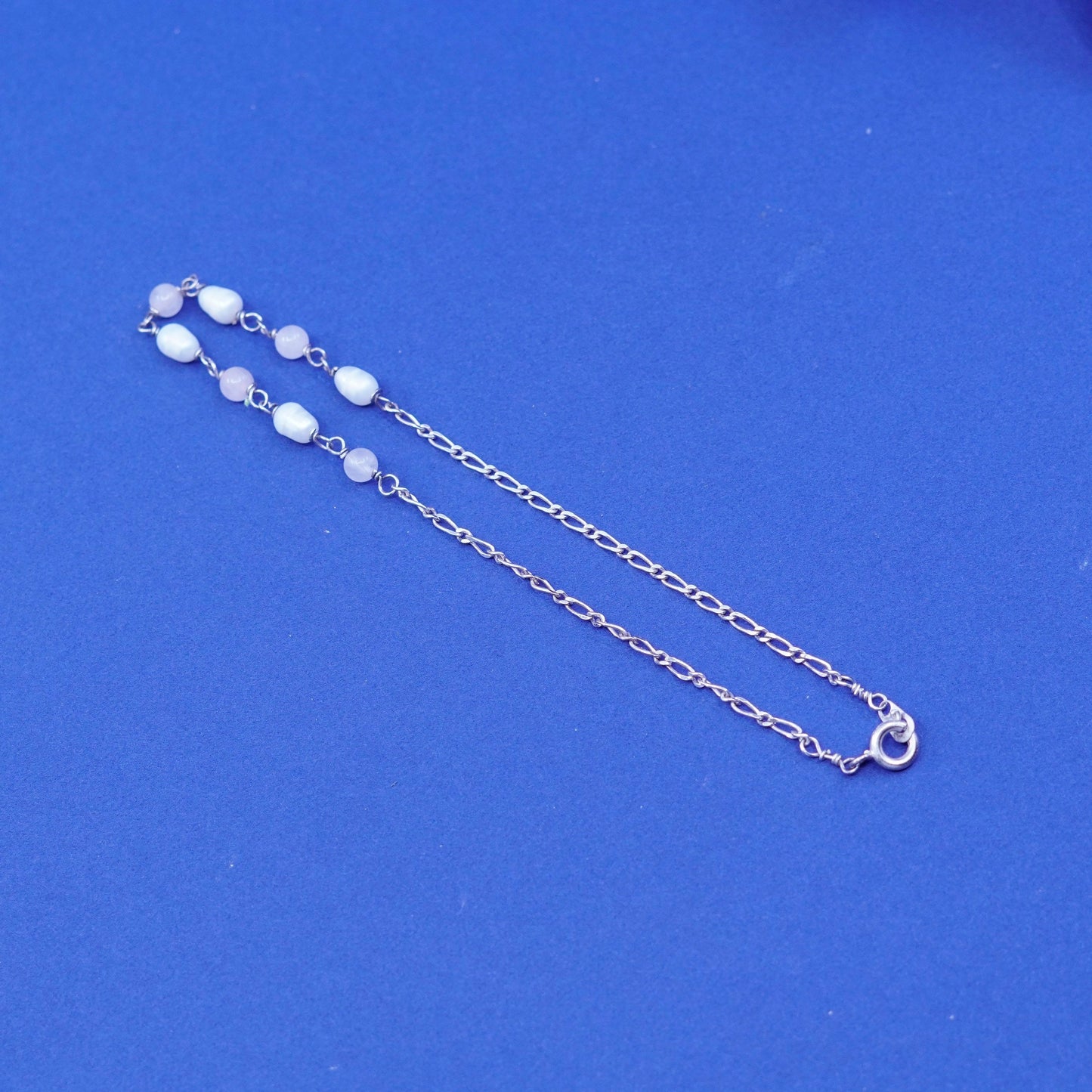 9”, Sterling silver handmade bracelet, 925 circle chain rose quart, pearl beads