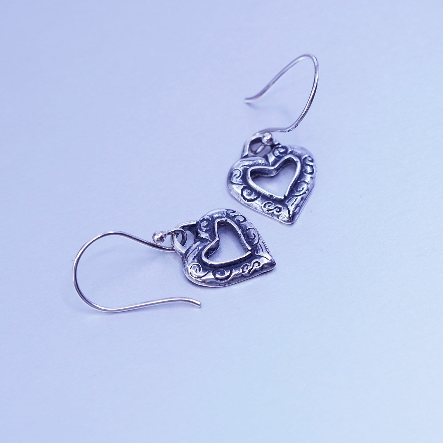 Vintage Sterling 925 silver handmade textured heart earrings