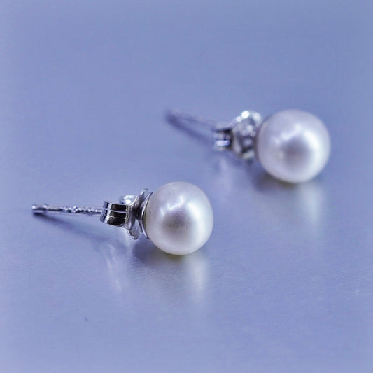 6mm, Vintage Sterling 925 silver handmade earrings, studs with pearl