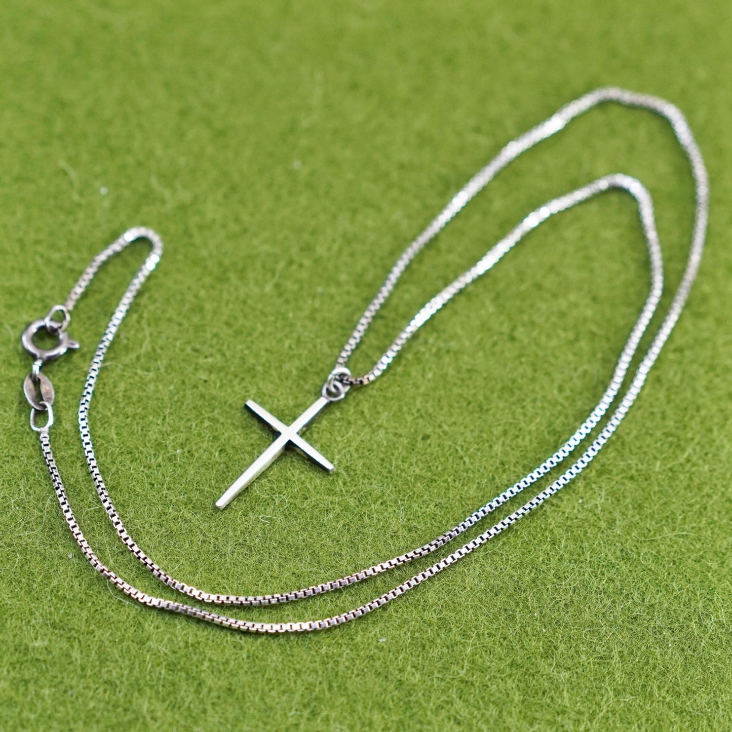 18”, vintage sterling silver handmade necklace, 925 box chain w/ cross Pendant