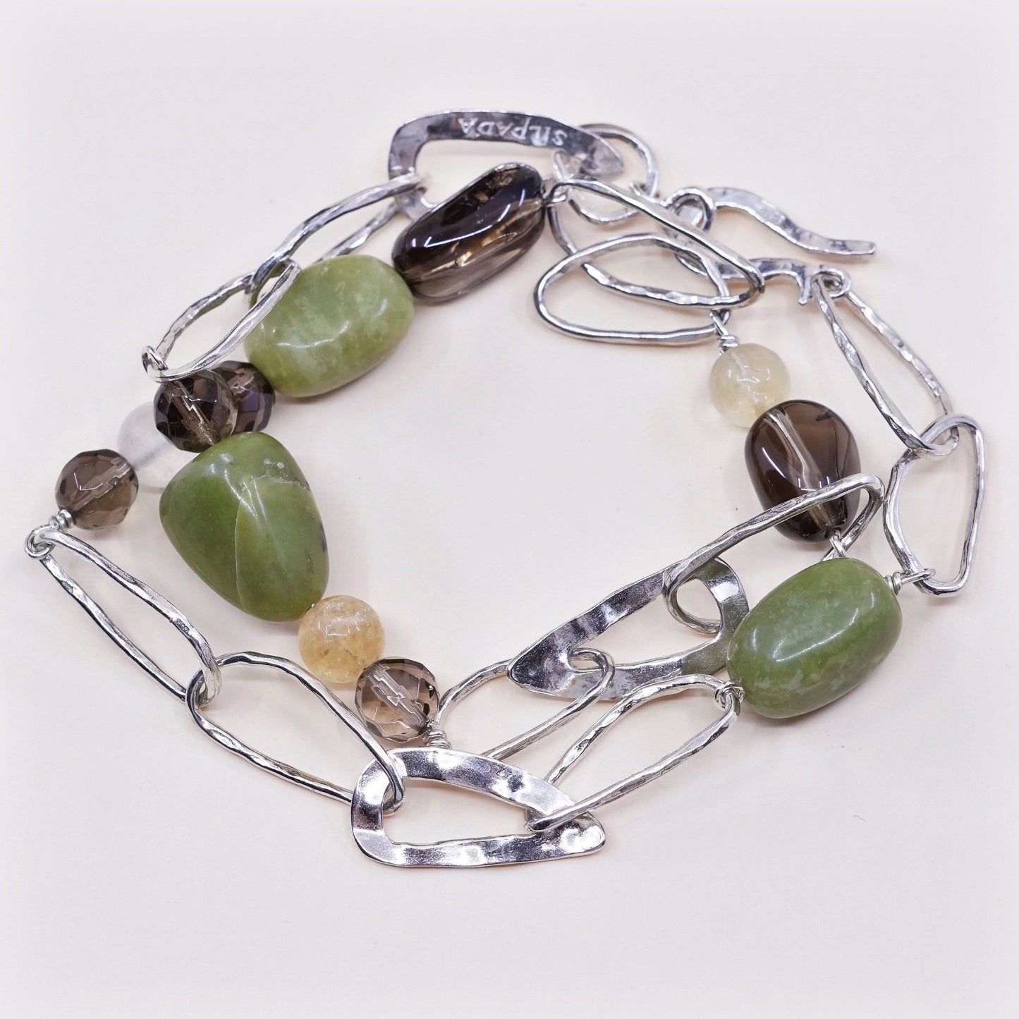 17”, vtg Sterling silver handmade necklace, 925 link chain w/ jade N topaz