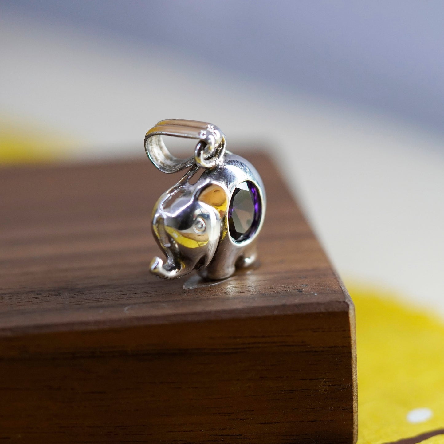 Vintage Sterling 925 silver elephant pendant with amethyst, 12K rose gold ear