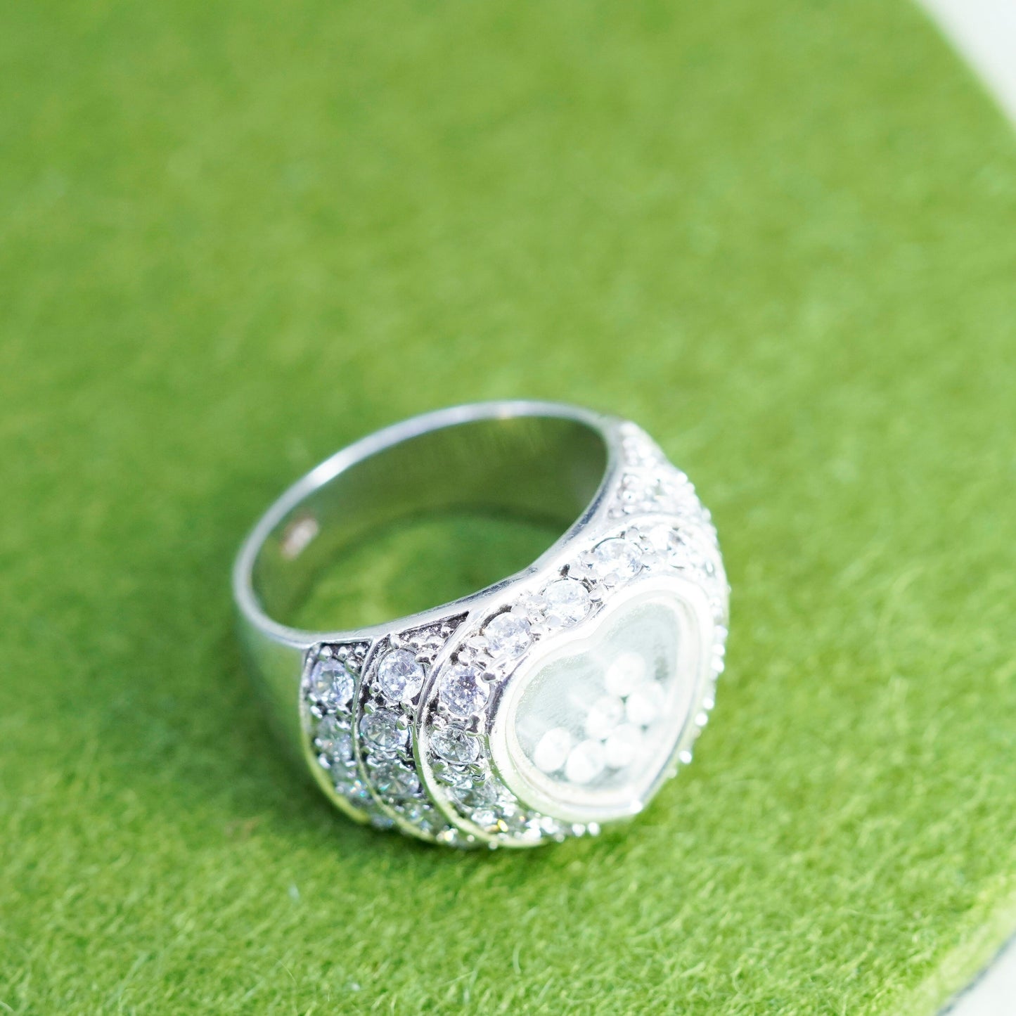 Size 9, Vintage handmade sterling 925 silver heart cz charm ring