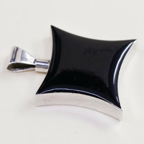 Vtg Mexico Modern Sterling Silver Handmade Pendant 925 W/ Obsidian, stamped 925