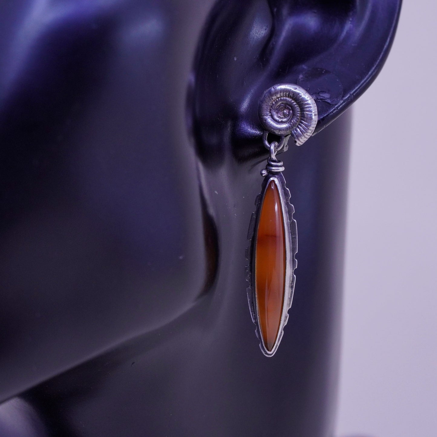 Vintage sterling 925 silver handmade shell earrings with Marquise honey Amber