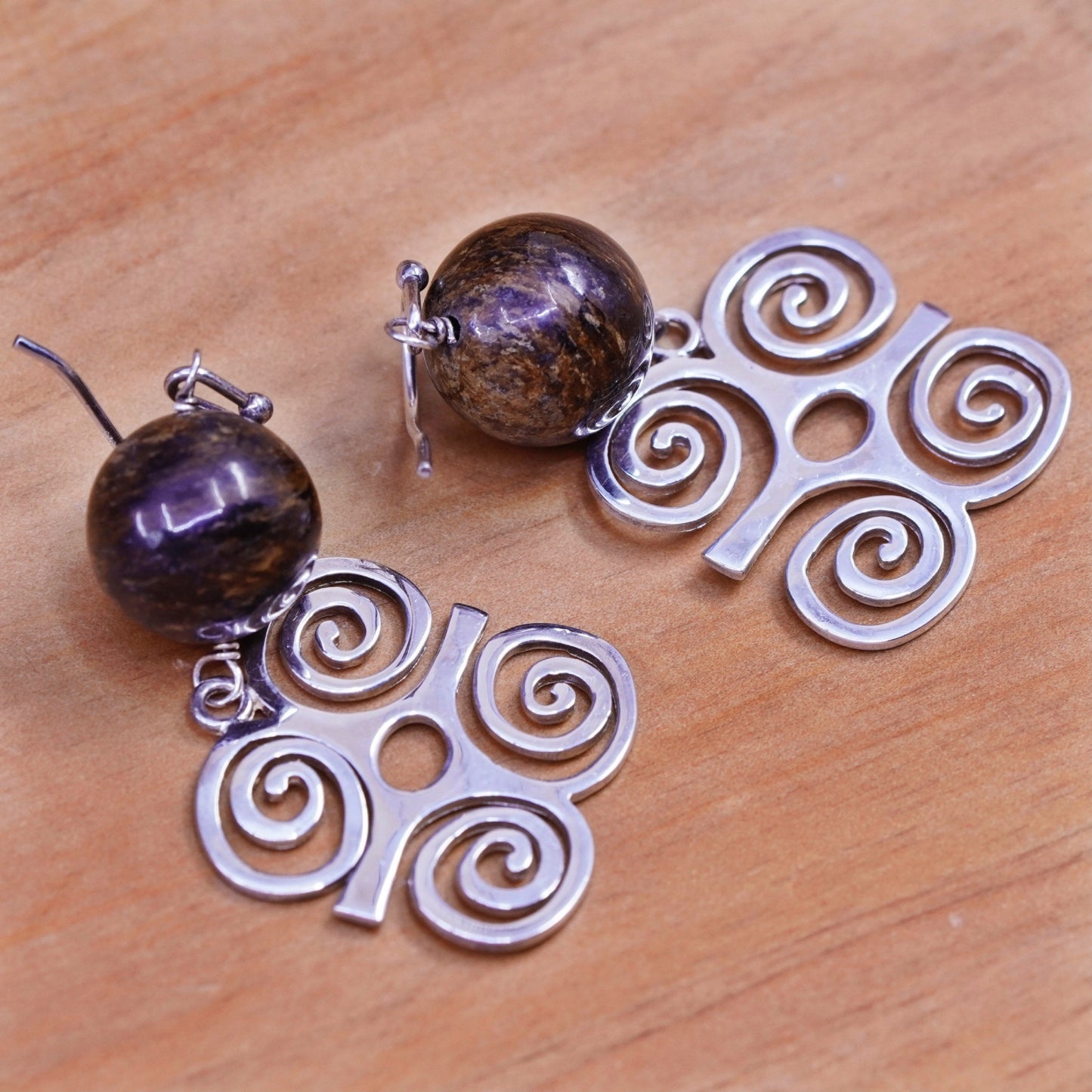 Vintage Sterling 925 silver handmade dwennimmen earrings golden tiger eye beads