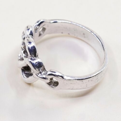 Size 8, Vtg Sterling Silver Handmade Ring, 925 Silver Band W/ Double Heart