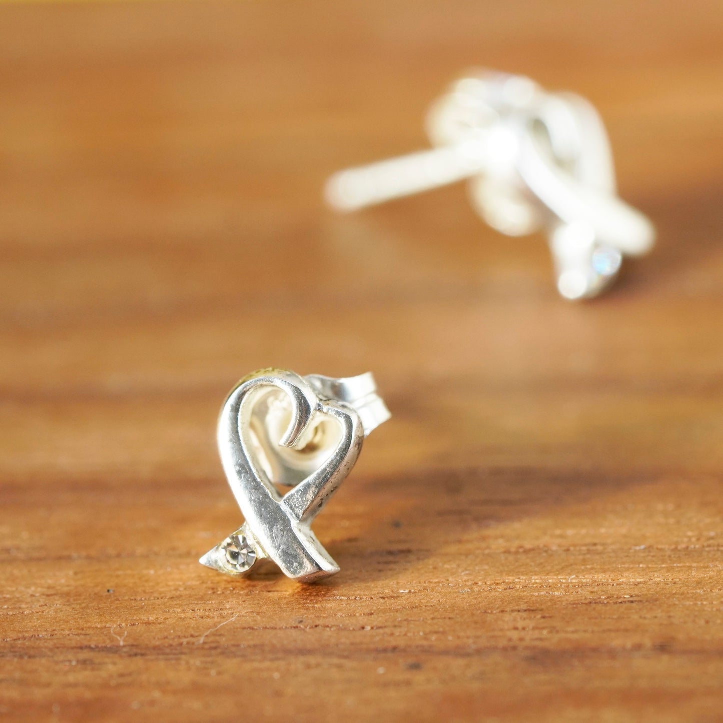 Vintage Sterling silver handmade earrings, 925 heart studs with cz