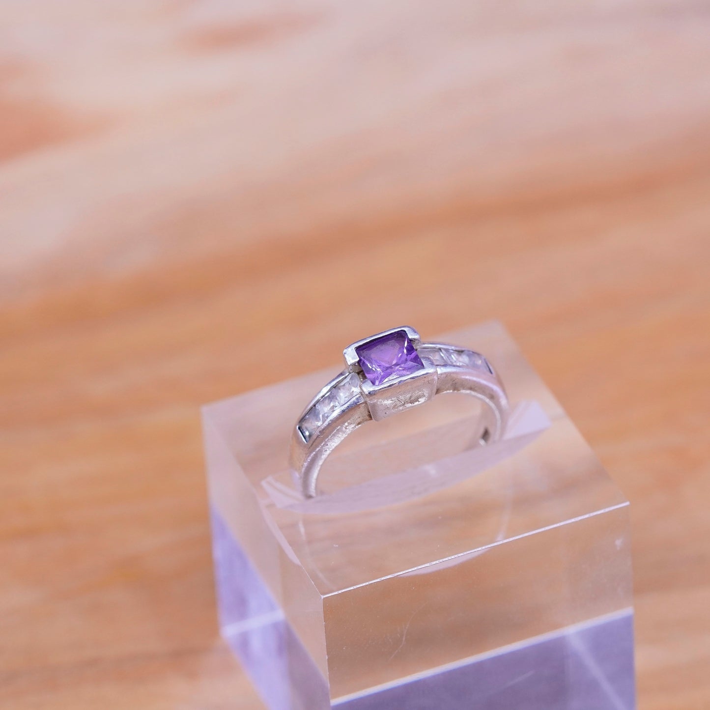 Size 6.75 vintage Sterling 925 silver handmade band ring w/ square amethyst Cz