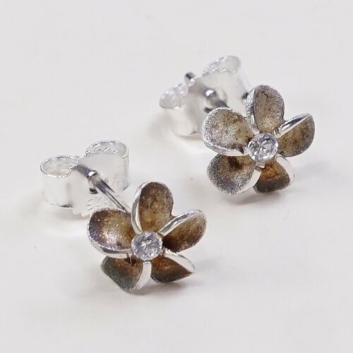 Vintage Sterling Silver Handmade Earrings, 925 Silver Flower Studs W/ Cz