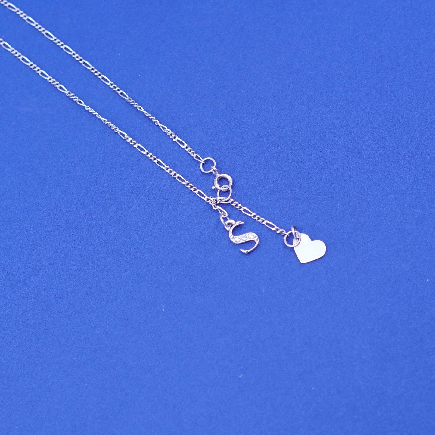 8.25”, vintage Sterling 925 silver figaro bracelet chain initial S heart charms