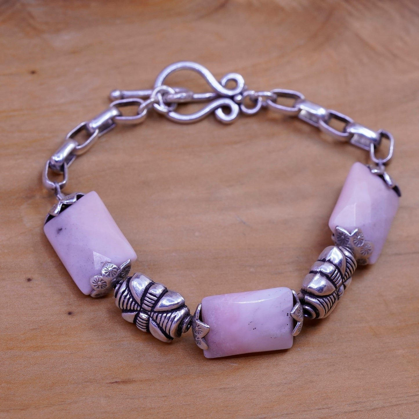 7”, vintage mexico Sterling 925 silver handmade bracelet with jasper and beads