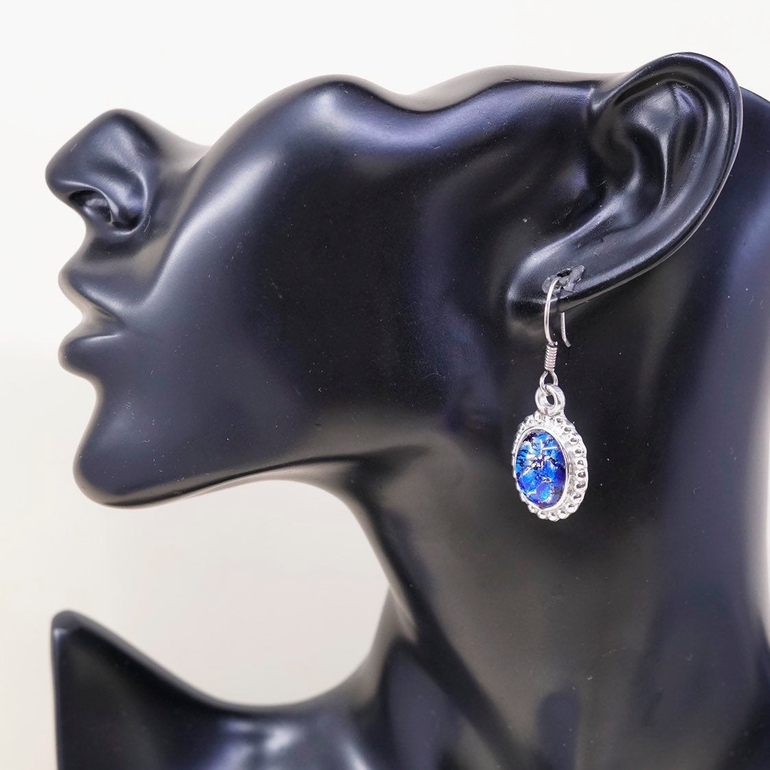 VTG mexico Sterling 925 silver handmade earrings, w/ blue foiled artisan drops