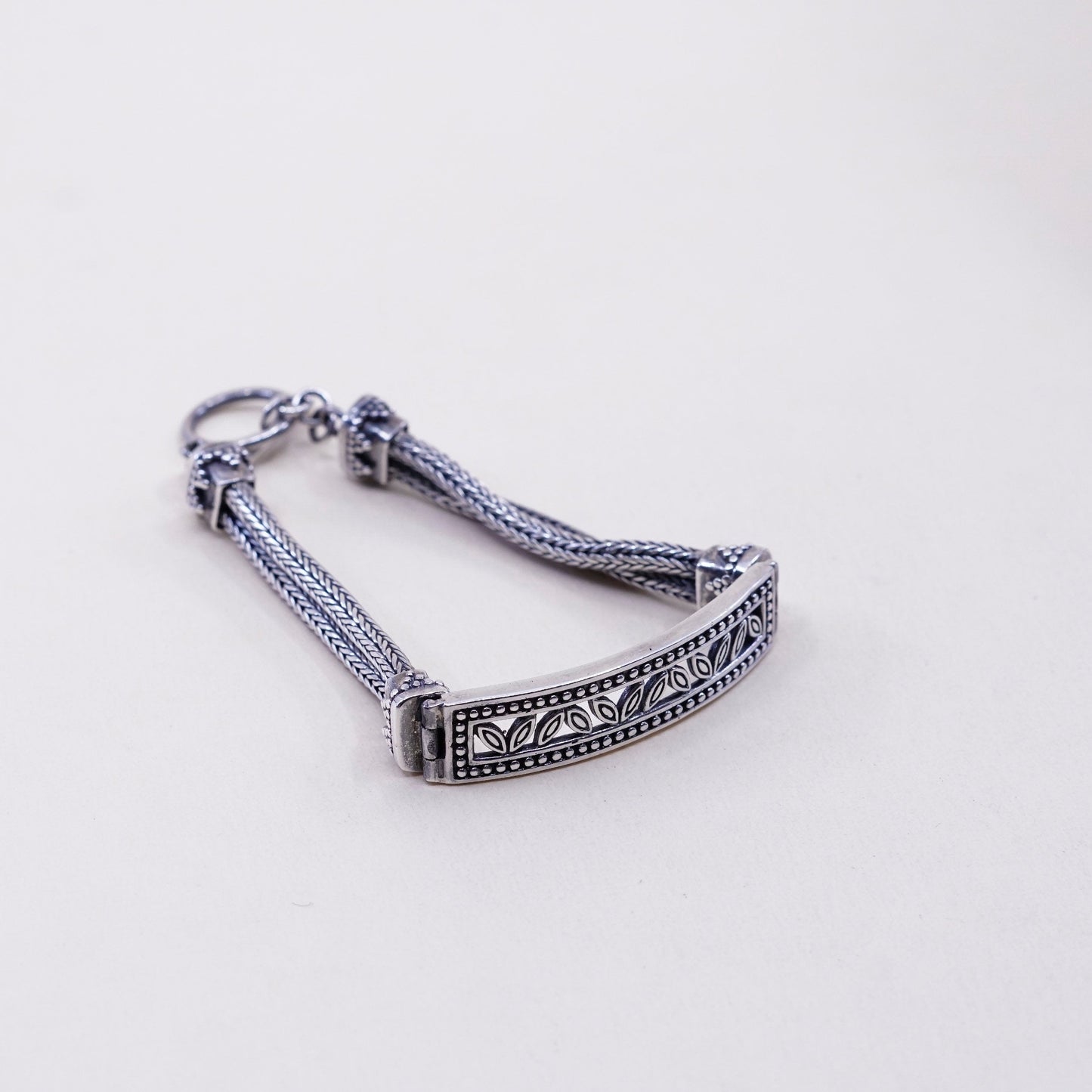 6.5”, vtg sterling silver handmade bracelet, 925 wheat chain with bar N leaves