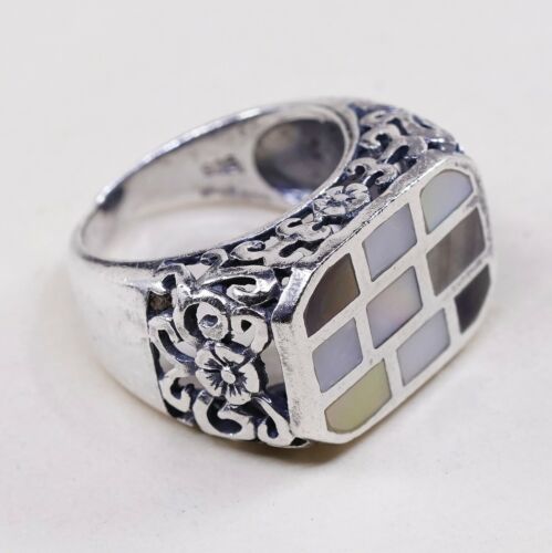 Size 7, Vtg Handmade Statement Ring in Sterling Silver N Abalone - Stamped 925