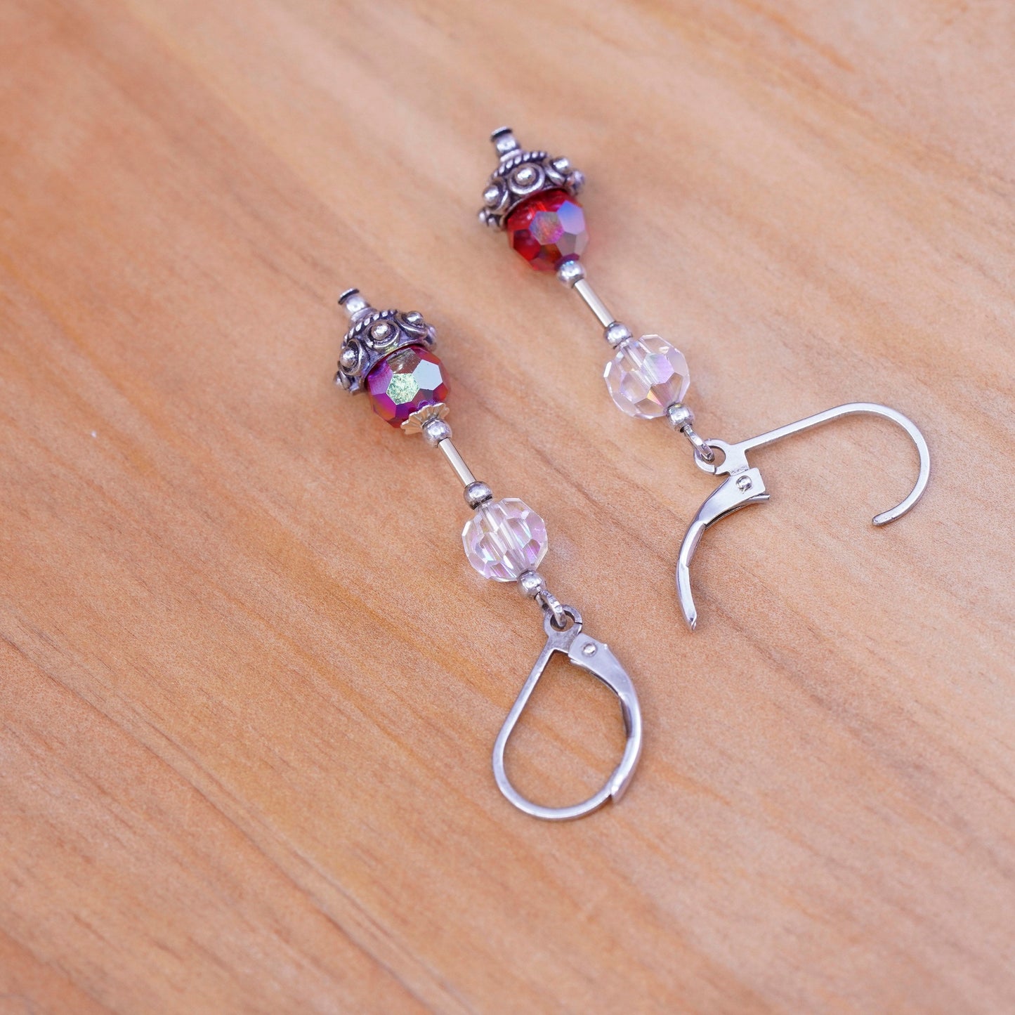 Vintage Sterling 925 silver handmade earrings with clear red Swarovski crystal