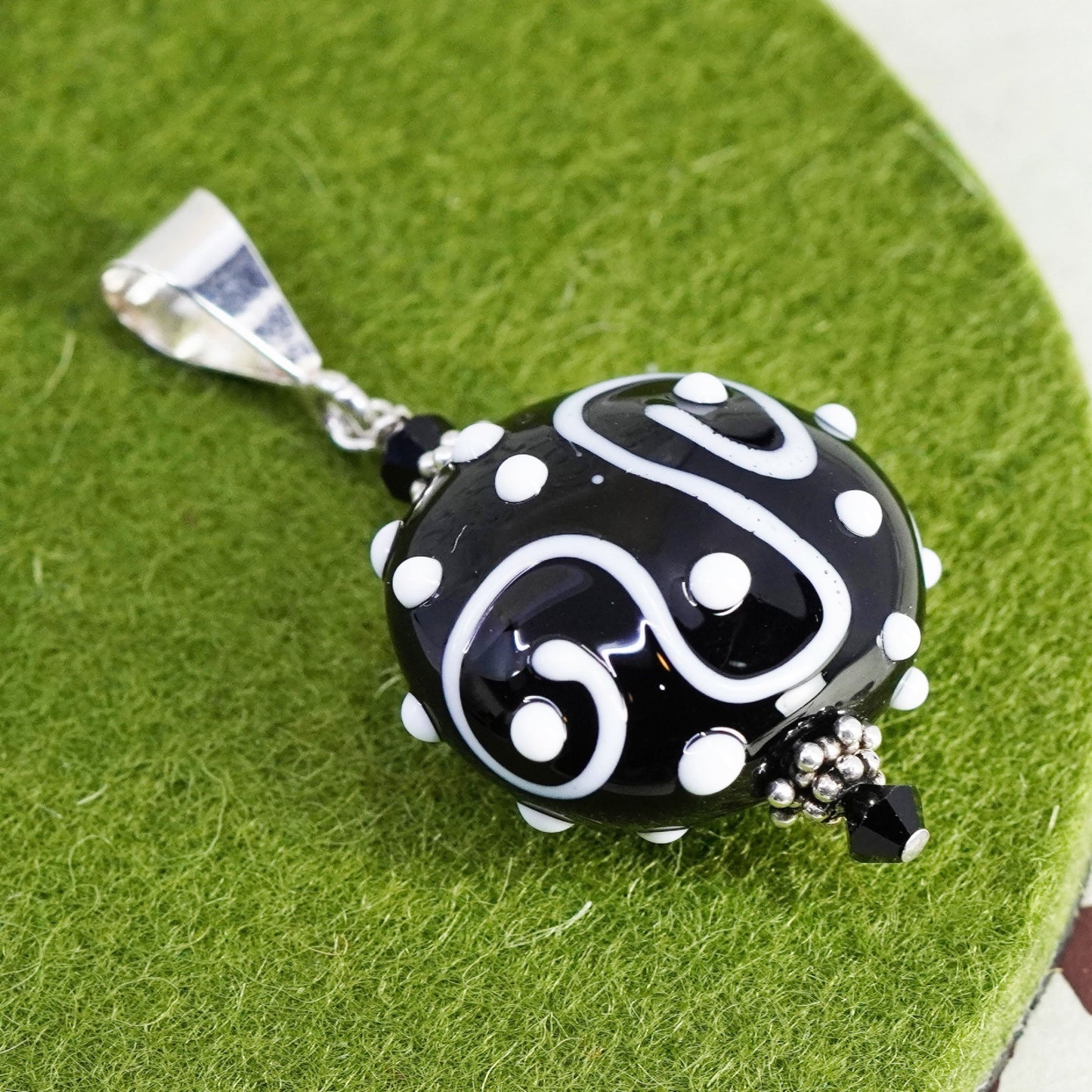 Vintage Sterling silver handmade pendant, 925 charm with black glass beads